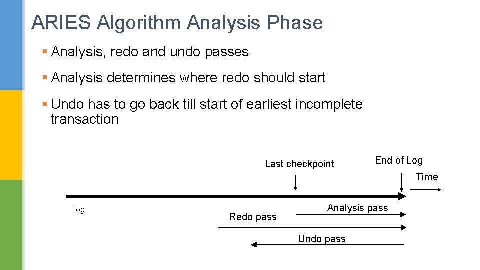 ARIES Algorithm Analysis Phase § Analysis, redo and undo passes § Analysis determines where