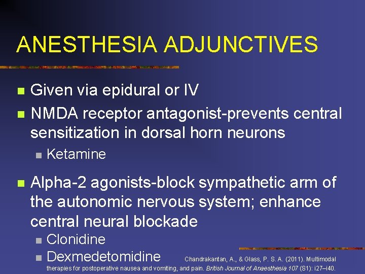 ANESTHESIA ADJUNCTIVES n n Given via epidural or IV NMDA receptor antagonist-prevents central sensitization