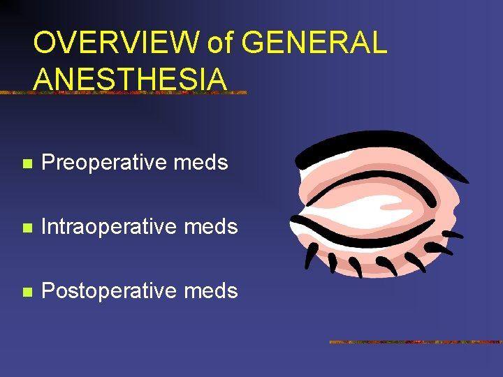 OVERVIEW of GENERAL ANESTHESIA n Preoperative meds n Intraoperative meds n Postoperative meds 