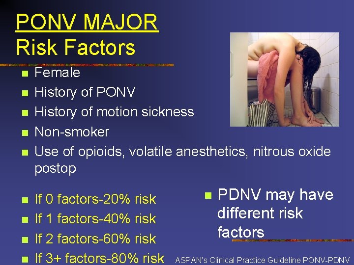 PONV MAJOR Risk Factors n n n n n Female History of PONV History