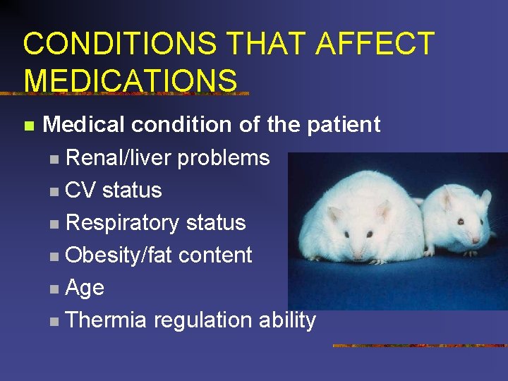 CONDITIONS THAT AFFECT MEDICATIONS n Medical condition of the patient n Renal/liver problems n