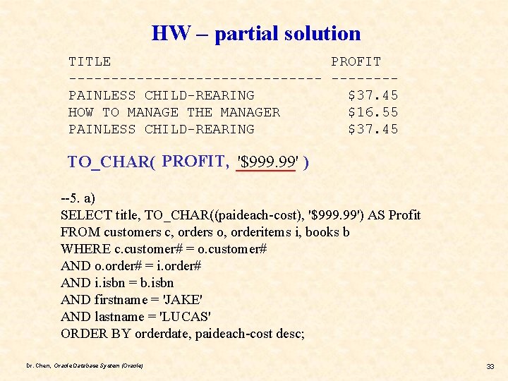 HW – partial solution TITLE PROFIT ---------------PAINLESS CHILD-REARING $37. 45 HOW TO MANAGE THE