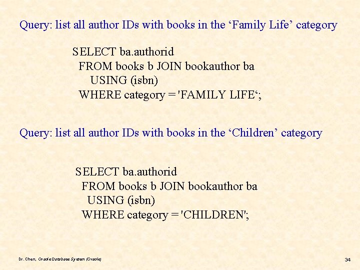 Query: list all author IDs with books in the ‘Family Life’ category SELECT ba.