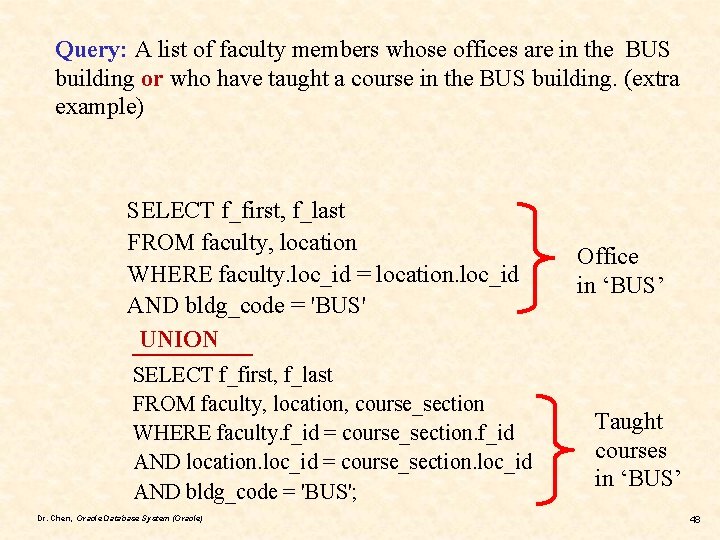 Query: A list of faculty members whose offices are in the BUS building or