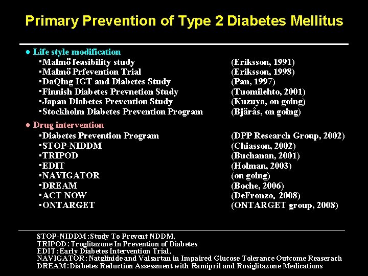 Primary Prevention of Type 2 Diabetes Mellitus ● Life style modification ・Malmö feasibility study
