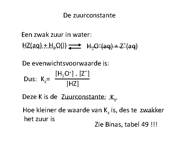 De zuurconstante Een zwak zuur in water: + HZ(aq) + H 2 O(l). .