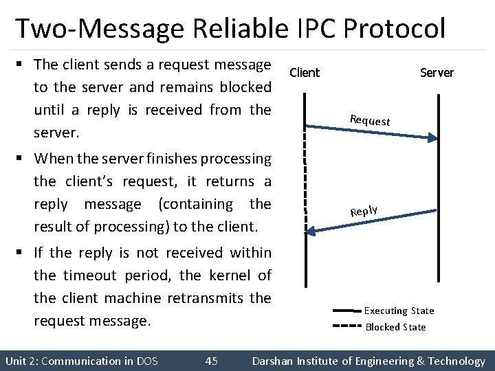 Two-Message Reliable IPC Protocol § The client sends a request message to the server