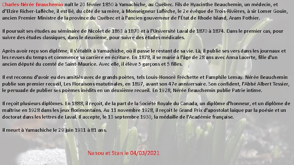 Charles-Nérée Beauchemin naît le 20 février 1850 à Yamachiche, au Québec. Fils de Hyacinthe