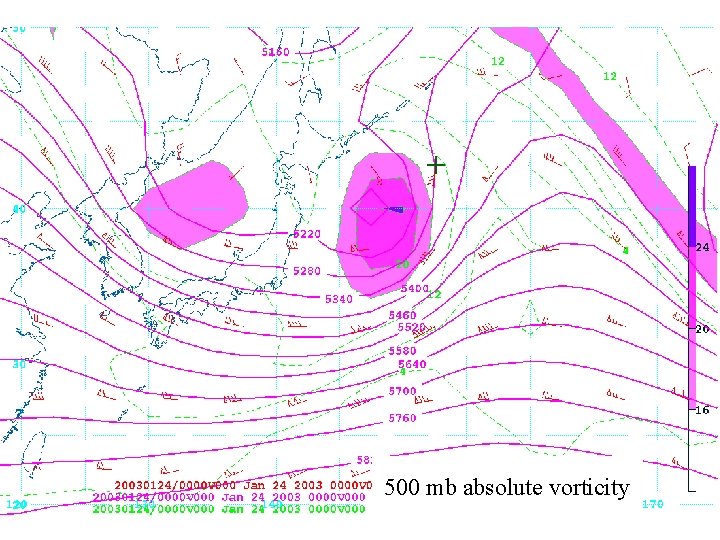 Abs vort 00 Z 24 Jan 2003 + 500 mb absolute vorticity 