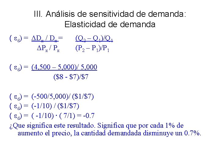 III. Análisis de sensitividad de demanda: Elasticidad de demanda ( εd) = Dx /