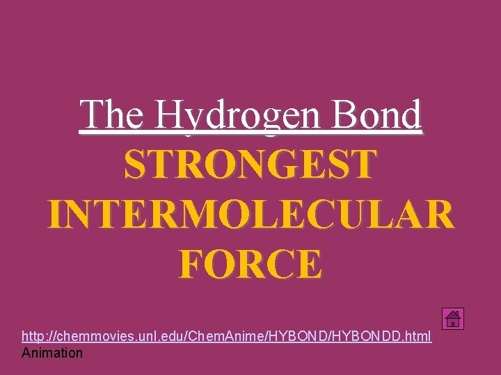 The Hydrogen Bond STRONGEST INTERMOLECULAR FORCE http: //chemmovies. unl. edu/Chem. Anime/HYBONDD. html Animation 