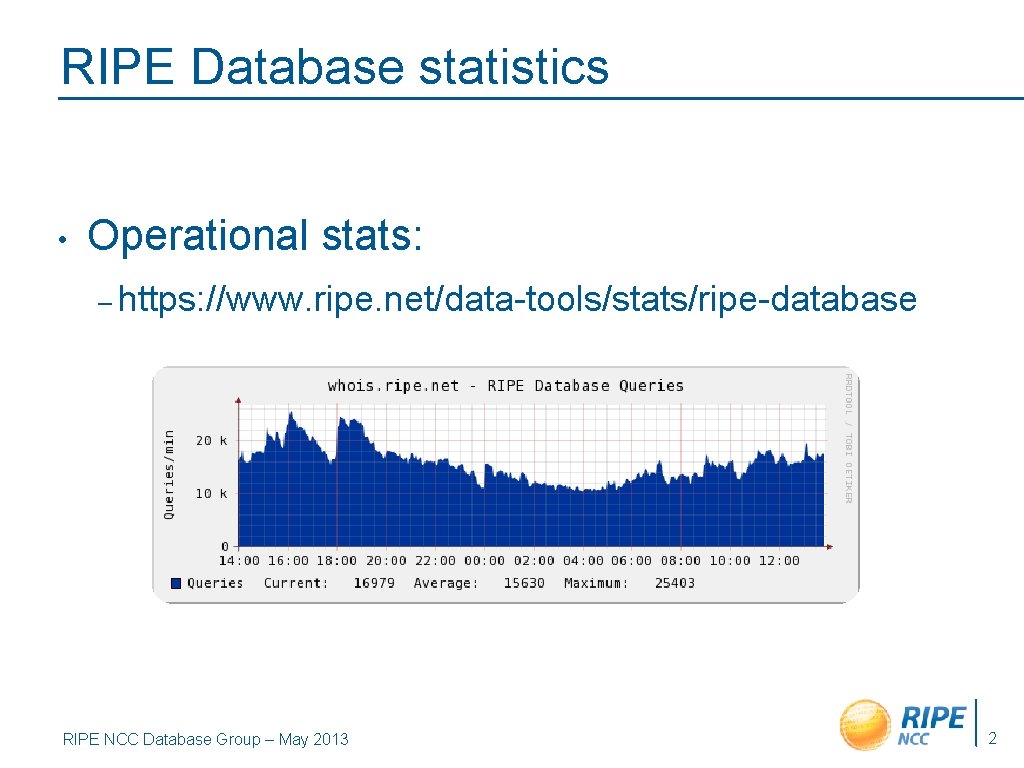 RIPE Database statistics • Operational stats: – https: //www. ripe. net/data-tools/stats/ripe-database RIPE NCC Database