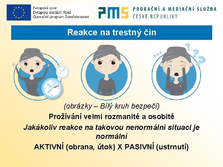 Reakce na trestný čin (obrázky – Bílý kruh bezpečí) Prožívání velmi rozmanité a osobité