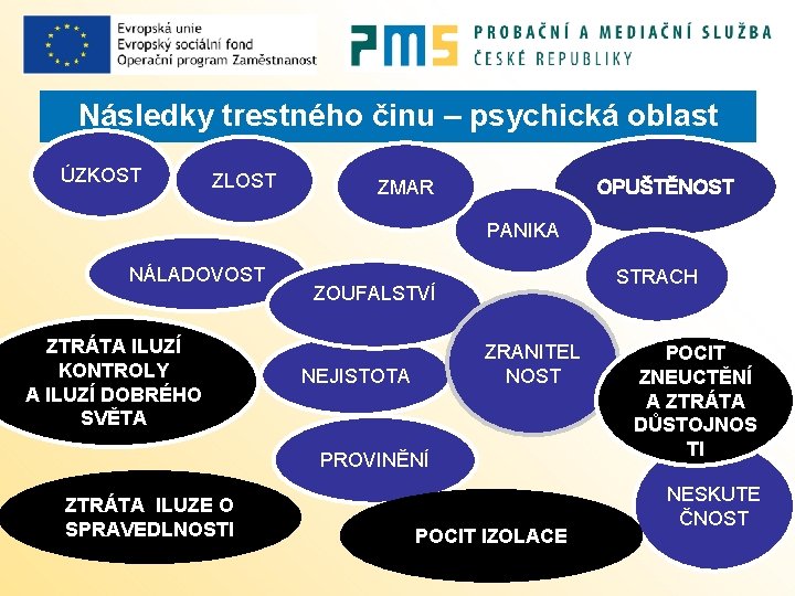 Následky trestného činu – psychická oblast ÚZKOST ZLOST ZMAR OPUŠTĚNOST PANIKA NÁLADOVOST ZTRÁTA ILUZÍ