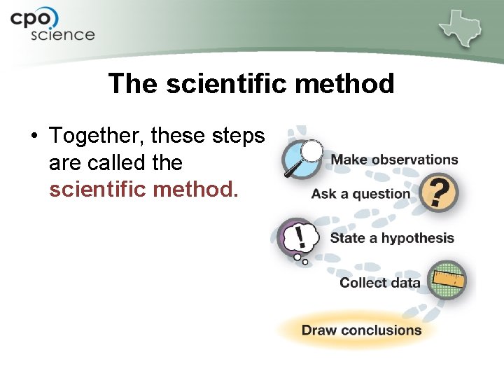 The scientific method • Together, these steps are called the scientific method. 