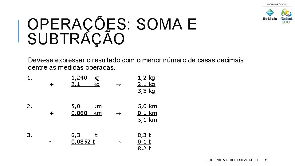 OPERAÇÕES: SOMA E SUBTRAÇÃO Deve-se expressar o resultado com o menor número de casas