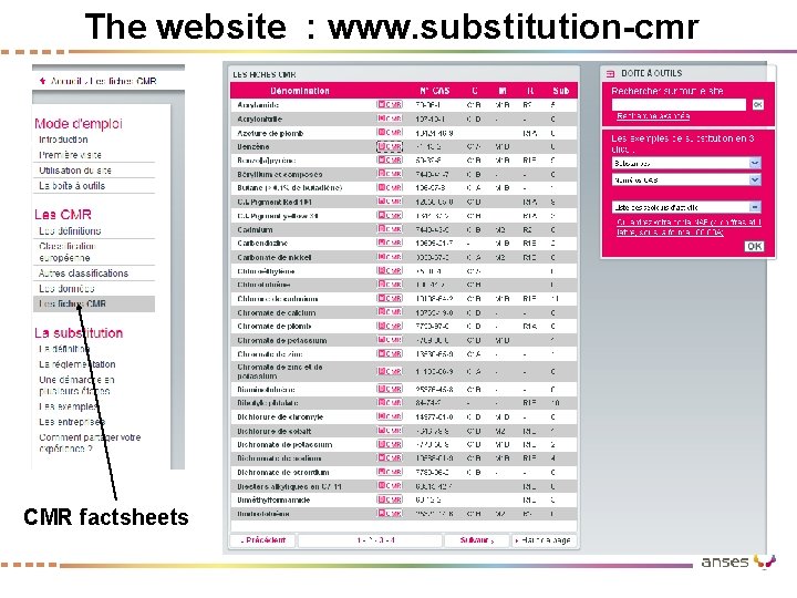 The website : www. substitution-cmr CMR factsheets 