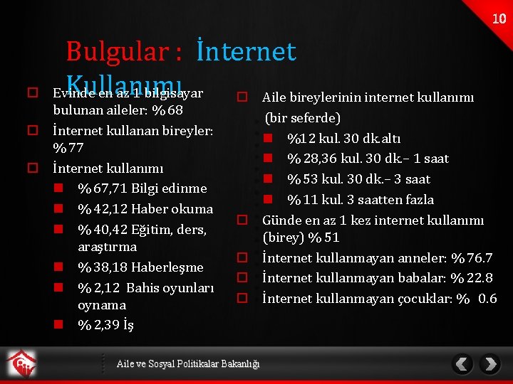 o Bulgular : İnternet Kullanımı Evinde en az 1 bilgisayar o Aile bireylerinin internet