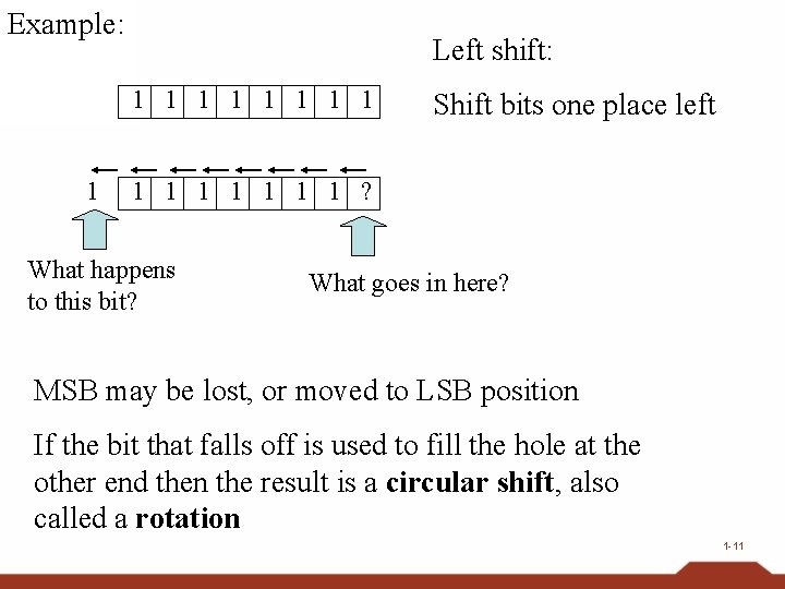 Example: Left shift: 1 1 1 1 1 Shift bits one place left 1