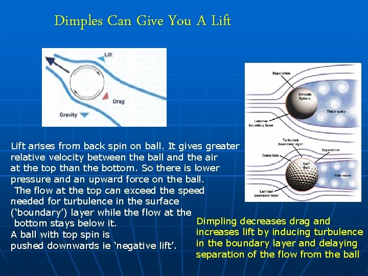 Dimples Can Give You A Lift arises from back spin on ball. It gives