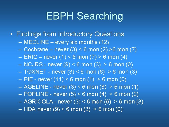 EBPH Searching • Findings from Introductory Questions – – – – – MEDLINE –