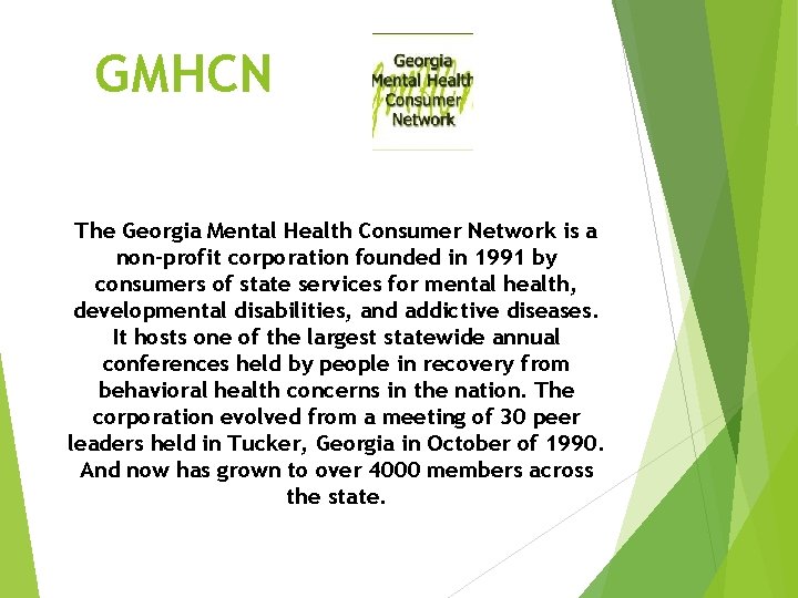 GMHCN The Georgia Mental Health Consumer Network is a non-profit corporation founded in 1991