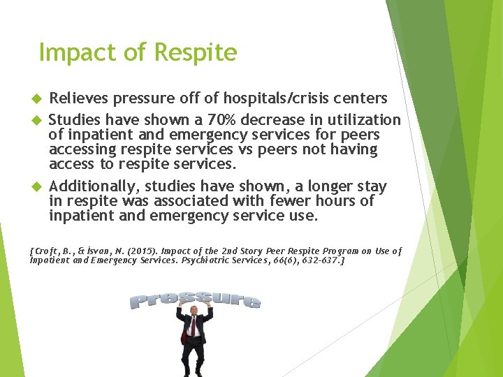 Impact of Respite Relieves pressure off of hospitals/crisis centers Studies have shown a 70%