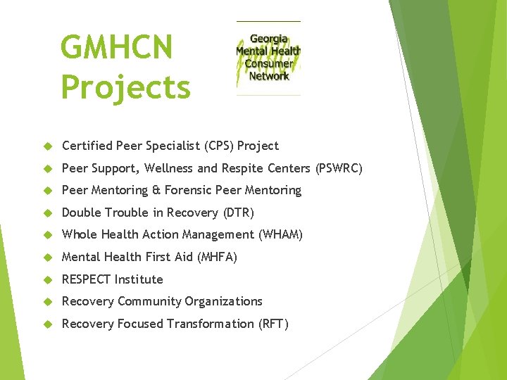 GMHCN Projects Certified Peer Specialist (CPS) Project Peer Support, Wellness and Respite Centers (PSWRC)