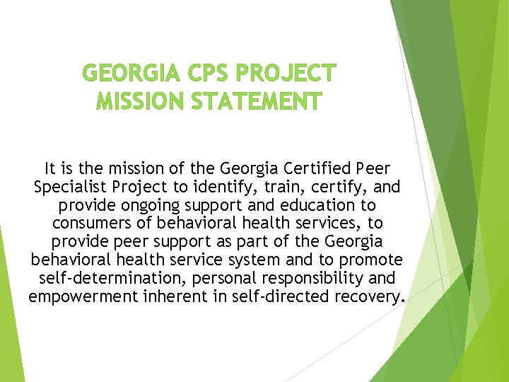 GEORGIA CPS PROJECT MISSION STATEMENT It is the mission of the Georgia Certified Peer