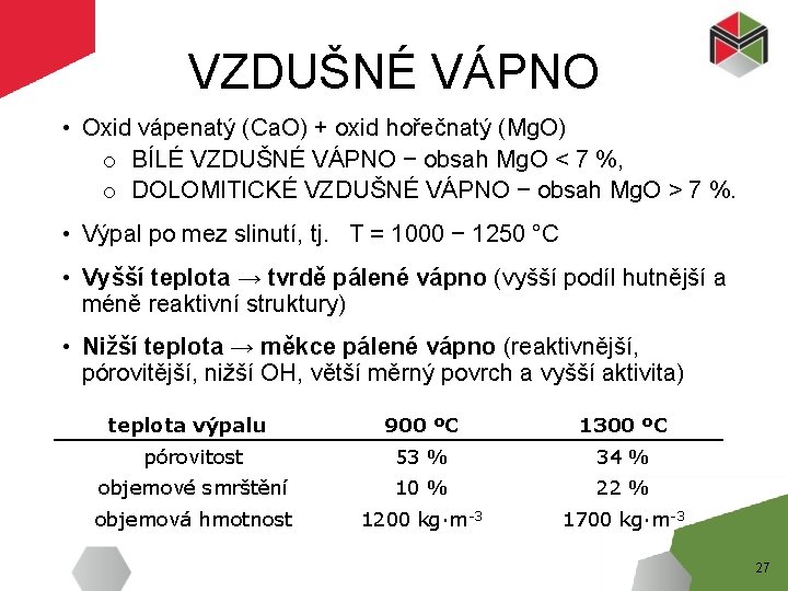 VZDUŠNÉ VÁPNO • Oxid vápenatý (Ca. O) + oxid hořečnatý (Mg. O) o BÍLÉ