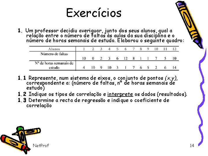 Exercícios 1. Um professor decidiu averiguar, junto dos seus alunos, qual a relação entre