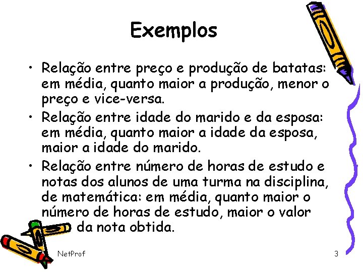 Exemplos • Relação entre preço e produção de batatas: em média, quanto maior a