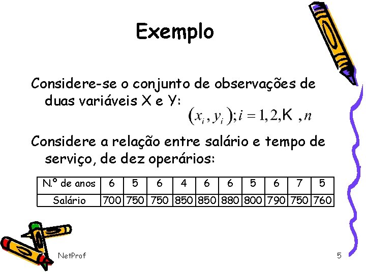 Exemplo Considere-se o conjunto de observações de duas variáveis X e Y: Considere a