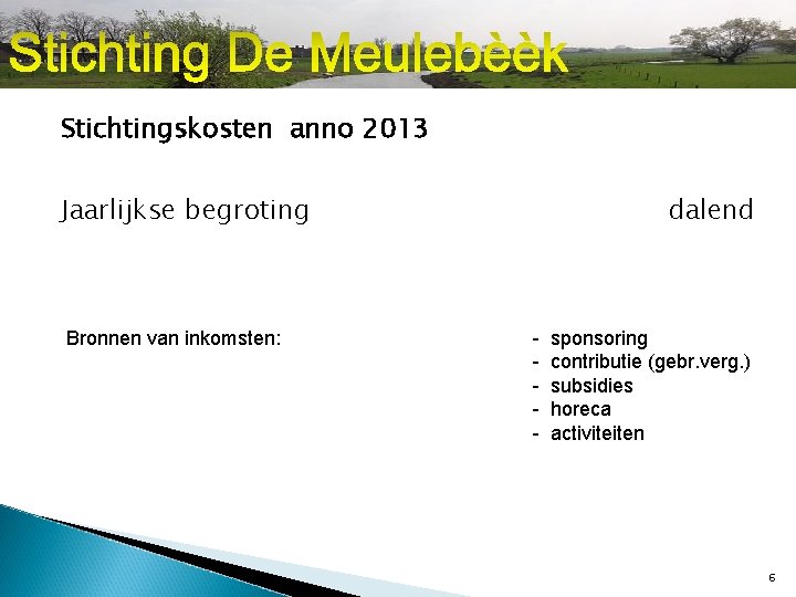 Stichtingskosten anno 2013 Jaarlijkse begroting Bronnen van inkomsten: dalend - sponsoring contributie (gebr. verg.