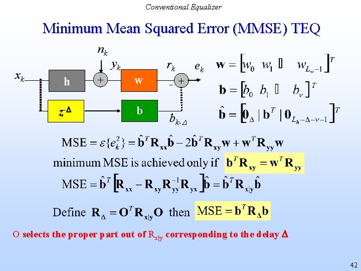 Conventional Equalizer Minimum Mean Squared Error (MMSE) TEQ nk xk h z- + yk