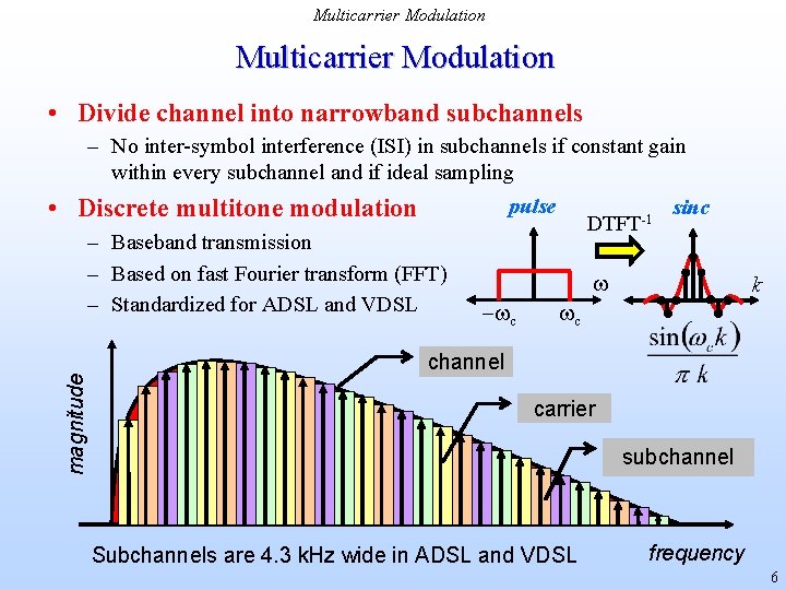 Multicarrier Modulation • Divide channel into narrowband subchannels – No inter-symbol interference (ISI) in