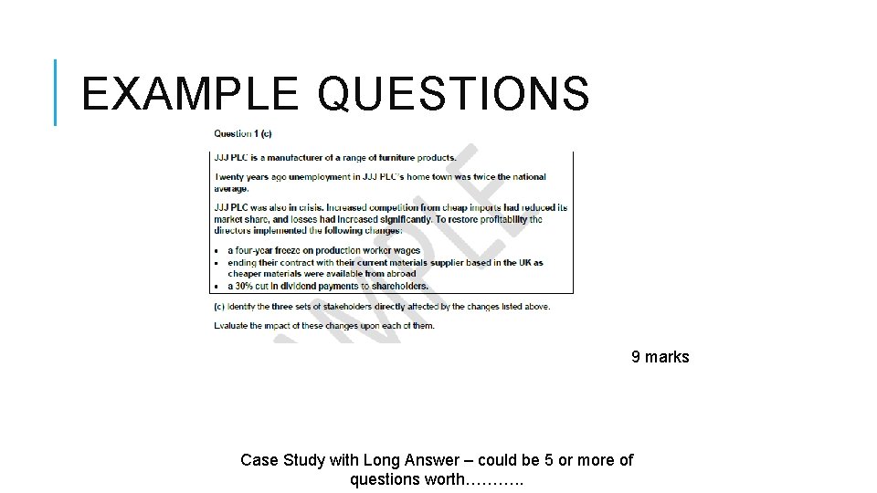 EXAMPLE QUESTIONS 9 marks Case Study with Long Answer – could be 5 or