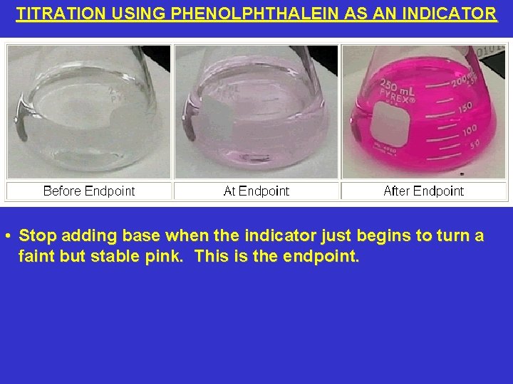 TITRATION USING PHENOLPHTHALEIN AS AN INDICATOR • Stop adding base when the indicator just TITRATION USING PHENOLPHTHALEIN AS AN INDICATOR • Stop adding base when the indicator just