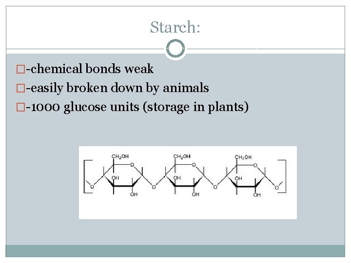 Starch: �-chemical bonds weak �-easily broken down by animals �-1000 glucose units (storage in