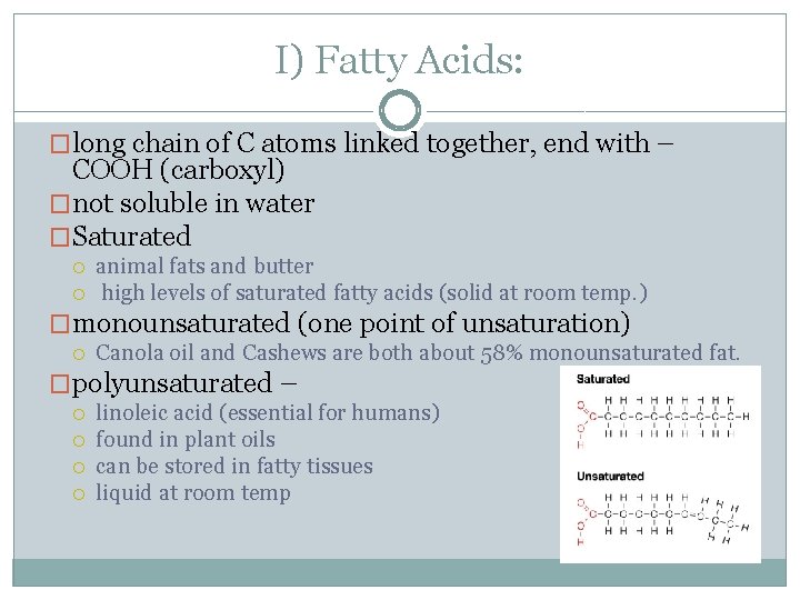 I) Fatty Acids: �long chain of C atoms linked together, end with – COOH