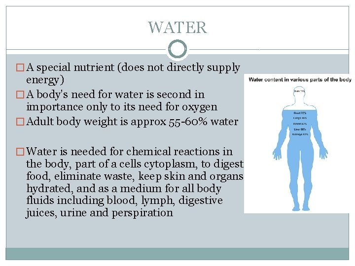 WATER � A special nutrient (does not directly supply energy) � A body’s need