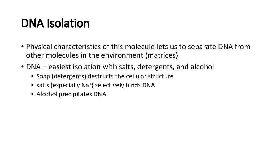 DNA Isolation • Physical characteristics of this molecule lets us to separate DNA from