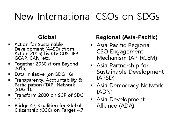 New International CSOs on SDGs Global § Action for Sustainable Development (A 4 SD)