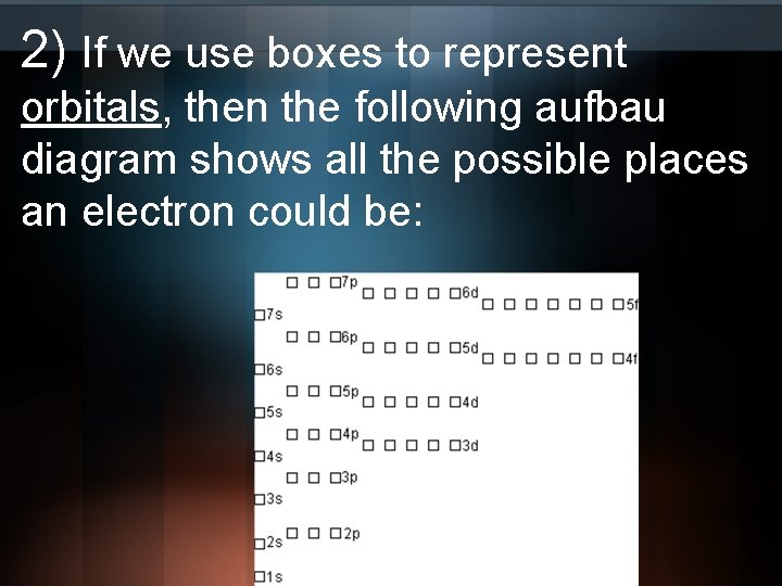 2) If we use boxes to represent orbitals, then the following aufbau diagram shows