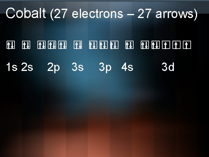 Cobalt (27 electrons – 27 arrows) □ □ □□□□□ 1 s 2 s 2
