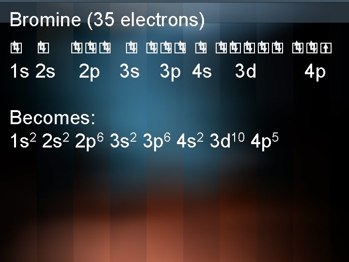 Bromine (35 electrons) □ □ □□□□□ 1 s 2 s 2 p 3 s
