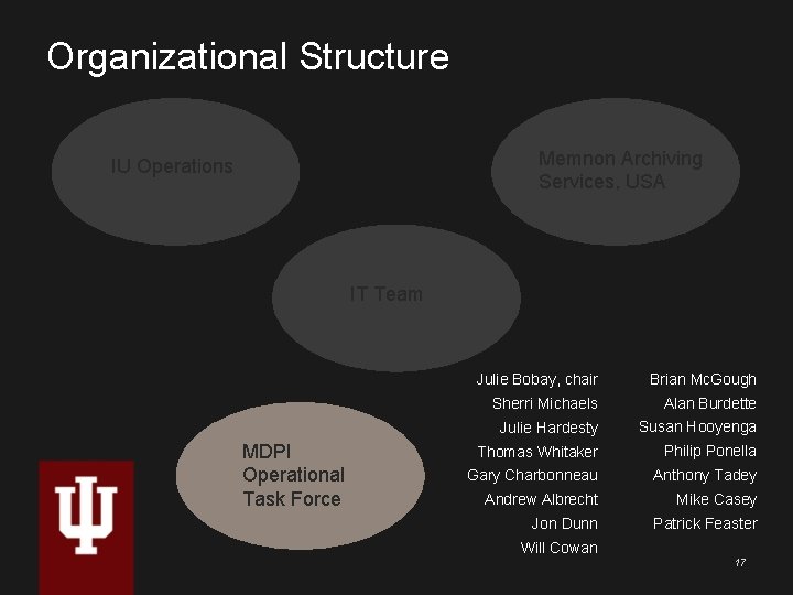 Organizational Structure Memnon Archiving Services, USA IU Operations IT Team MDPI Operational Task Force