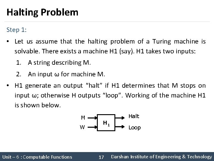 Halting Problem Step 1: • Let us assume that the halting problem of a