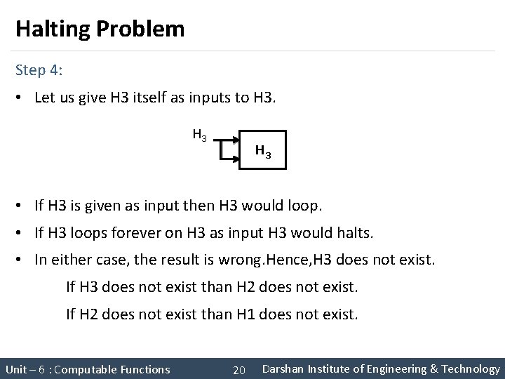 Halting Problem Step 4: • Let us give H 3 itself as inputs to