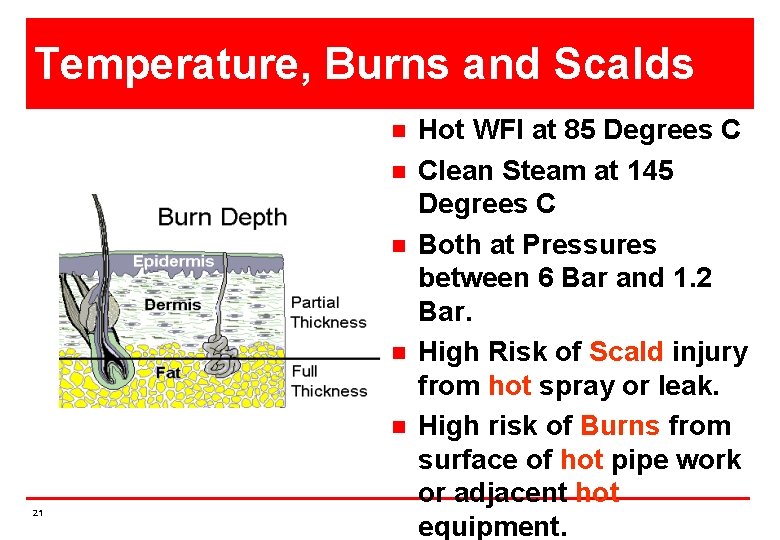 Temperature, Burns and Scalds n n n 21 Hot WFI at 85 Degrees C